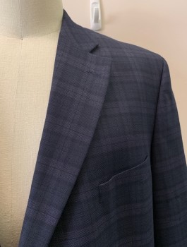 JACK VICTOR, Navy Blue, Wool, Plaid, Single Breasted, 2 Buttons, Notched Lapel, 3 Pockets,