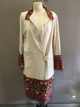 Womens, Coat, N/L, Ecru, Sienna Brown, Magenta Purple, Black, Multi-color, Silk, Geometric, Solid, 32, Tan Solid Body, W/Multicolor Geometric Patterned/Textured Embroidered Cuffs, Collar + Hem W/Metallic Silver Mirrored Pieces, Wrap Closure W/Large Oversized Cream Plastic Button, Made To Order Reproduction **Has Topstick Stain/Residue At Center Front Near Closure