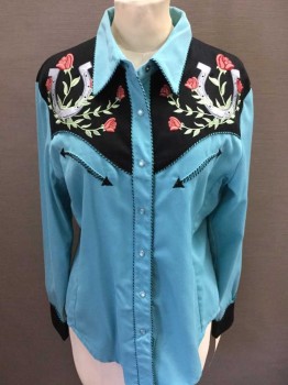 Womens, Shirt, SCULLY, Turquoise Blue, Black, Silver, Rose Pink, Polyester, Rayon, Floral, M, Long Sleeves, Roses & Horseshoes Embroidery, Snap Front, Western Pocket, 6 Snaps On Sleeve Cuffs