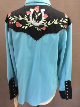 Womens, Shirt, SCULLY, Turquoise Blue, Black, Silver, Rose Pink, Polyester, Rayon, Floral, M, Long Sleeves, Roses & Horseshoes Embroidery, Snap Front, Western Pocket, 6 Snaps On Sleeve Cuffs