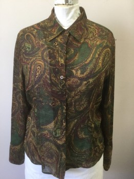 NORTO MCNAUGHTON, Multi-color, Olive Green, Plum Purple, Rust Orange, Gold, Polyester, Paisley/Swirls, Abstract , Sheer  Abstract Paisley Chiffon in Assorted Earthtones, Long Sleeve Button Front, Collar Attached,