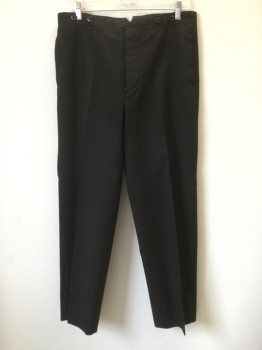N/L, Black, Wool, Solid, Button Fly. 2 Pockets, Adjustable Back Waist. Repair at Side Right Front,