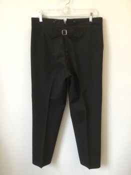 Mens, Pants 1890s-1910s, N/L, Black, Wool, Solid, 28, 32, Button Fly. 2 Pockets, Adjustable Back Waist. Repair at Side Right Front,