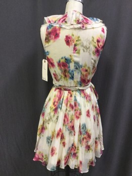 ARC & CO, Cream, Magenta Purple, Blue, Olive Green, Yellow, Cotton, Floral, Watercolor Floral Voile, Wrap, Sleeveless, Double Ruffle Trim Neckline, Lined Flared Skirt, Knee Length, Tea, Summer