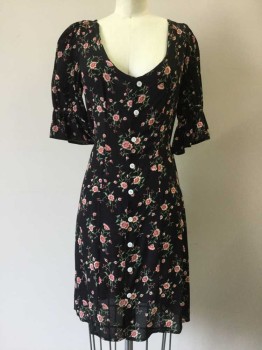 CHRISTY DAWN, Black, Red, White, Green, Synthetic, Floral, Black with Red/white/green Floral Print, Scoop Neck, Button Front, Short Sleeve with Ruffle Trim, Self Tie Belt