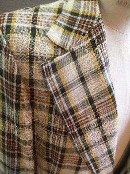Mens, Blazer/Sport Co, N/L, Cream, Yellow, Black, Orange, Cotton, Plaid, 43L, Single Breasted, 2 Buttons,  Collar Attached, Peaked Lapel, 3 Pockets