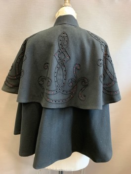 Womens, Cape 1890s-1910s, MTO, Black, Wool, S/M, Two Tier Cape, Cutout Design On Top Layer with Red Underlay, 2 Hook & Eyes At Neck, Button Closure On Chest