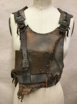 Unisex, Sci-Fi/Fantasy Harness, MTO, Brown, Olive Green, Turquoise Blue, Leather, Cotton, Patchwork, S, Well Aged/Distressed,  Found Mismatched Hardware, Belt Pouch with Weights