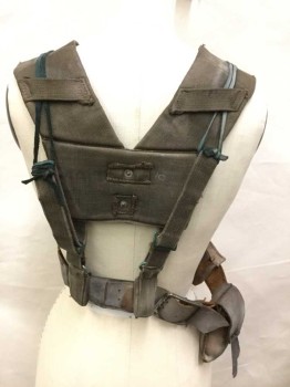 Unisex, Sci-Fi/Fantasy Harness, MTO, Brown, Olive Green, Turquoise Blue, Leather, Cotton, Patchwork, S, Well Aged/Distressed,  Found Mismatched Hardware, Belt Pouch with Weights