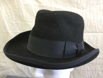 Mens, Homburg Hat 1890s-1910s, DORFMAN PACIFIC, Black, Wool, Solid, M, Black Grosgrain Band and Bow,