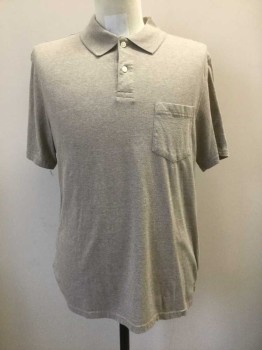ST. JOHN'S BAY, Taupe, Cotton, Heathered, Short Sleeves, 1 Pocket, Ribbed Knit Collar, 2 Buttons