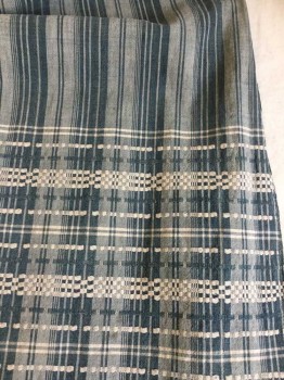Womens, Apron 1890s-1910s, MTO, Lt Gray, Teal Blue, Cream, Cotton, Linen, Stripes - Vertical , Basket Weave, O/S, Ticking, 12" Embroidered Plaid Border, Brown Rope Tie, Aged