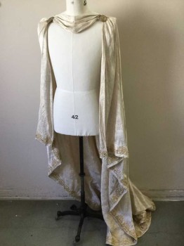 Unisex, Historical Fiction Cape, MTO, Ivory White, Gold, Silk, Floral, O/S, Made To Order, Ivory and Gold Floral Brocade, 2 Medallions at Shoulders, Gold Bullion Appliqué and Lace Around Hem, Greek/Roman Soldier Cape