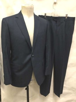 PAUL BETENLY, Charcoal Gray, Dk Blue, Wool, Plaid-  Windowpane, Charcoal with Faint Dark Blue Windowpane, Single Breasted, Notched Lapel, 2 Buttons, 3 Pockets, Periwinkle and Light Blue Satin Lining