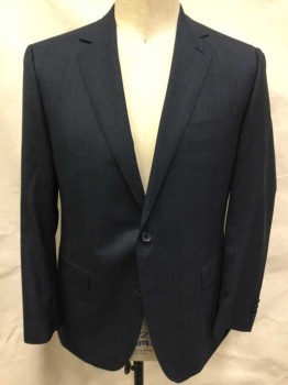 PAUL BETENLY, Charcoal Gray, Dk Blue, Wool, Plaid-  Windowpane, Charcoal with Faint Dark Blue Windowpane, Single Breasted, Notched Lapel, 2 Buttons, 3 Pockets, Periwinkle and Light Blue Satin Lining