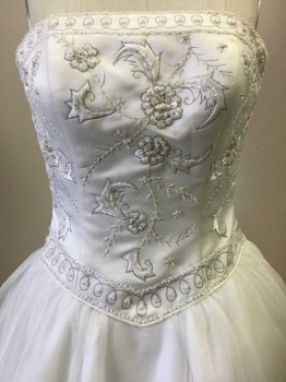 Womens, Wedding Gown, Oleg Cassini, White, Silver, Beaded, Organza/Organdy, Floral, 4, Strapless,  Corset