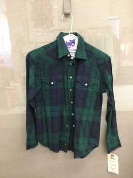 Childrens, Shirt, Polo, Navy Blue, Dk Green, Cotton, Plaid, 8-10yr, Long Sleeves, Collar Attached,  Snap Closure Front, Western Style