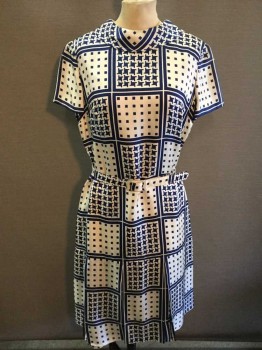FOSTERS SAM SHERKIN, Ivory White, Navy Blue, Silk, Geometric, Houndstooth, Short Sleeve,  Silk Twill, High Cowl Neckline, 2 Piece with Belt, Center Back Zipper,  Square Pattern and Simplified Houndstooth Pattern *With Belt