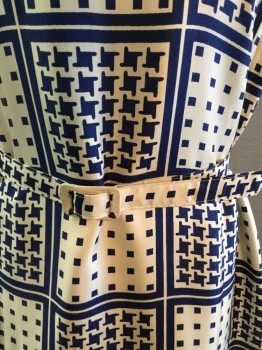 FOSTERS SAM SHERKIN, Ivory White, Navy Blue, Silk, Geometric, Houndstooth, Short Sleeve,  Silk Twill, High Cowl Neckline, 2 Piece with Belt, Center Back Zipper,  Square Pattern and Simplified Houndstooth Pattern *With Belt