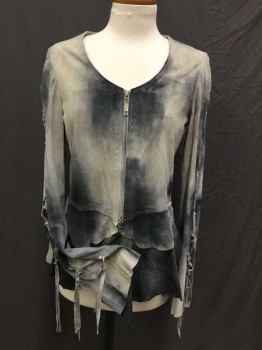 N/L, Lt Gray, Gray, Suede, Mottled, Scoop Neck, No Collar, Zip Front, Double Layered Peplum, Lacing/Ties Down Long Sleeves, and Center Back,