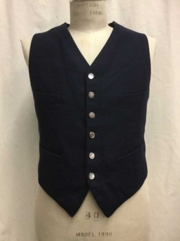 Mens, Vest, COSPROP, Navy Blue, Wool, Solid, 40, Flannel, Single Breasted, 6 Btn Front, 4 Pckts, Textured Back w/Waist Strap/Buckle