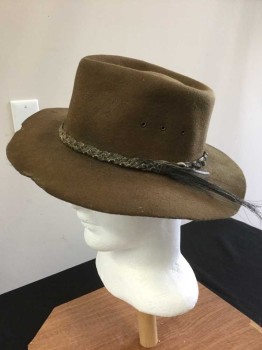 N/L, Brown, Wool, Solid, Aged/Distressed,  Black Horsehair & Brown Leather Braided Hat Band, See Photo Attached,