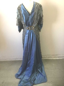 Womens, Evening Dress 1890s-1910s, N/L, French Blue, Gray, Charcoal Gray, Gold, Silk, Floral, Solid, W:28, B:36, French Blue Silk Satin, with Gray Sheer Net with Charcoal Embroidery at Shoulders, and Hanging Panels at Sides, 3/4 Sleeve, V-neck, Gold Oval Lace Applique at Center Front Waist with White Mother of Pearl Decorative Buttons, Cream Chiffon and Black Lace Trim at Neck and Cuffs, Floor Length Hem, Made To Order **Has Some Tears in Lace, Discoloration/Fade Spots,