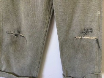 Childrens, Pants 1890s-1910s, N/L, Taupe, Cotton, 17.5, 22, Boys Working Class Pants  Denim Twill. Aged  Button Fly, 3 Pockets, Cuffed, Repaired Holes at Knees. Suspender Buttons at Inner Waist