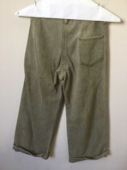 Childrens, Pants 1890s-1910s, N/L, Taupe, Cotton, 17.5, 22, Boys Working Class Pants  Denim Twill. Aged  Button Fly, 3 Pockets, Cuffed, Repaired Holes at Knees. Suspender Buttons at Inner Waist