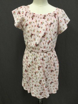 GAP, Lt Pink, Multi-color, Rayon, Floral, Novelty Pattern, Light Pink with Multicolor Floral and Butterfly Pattern, Cap Sleeves, Square Neck, Smocked Detail at Neckline, Elastic Waist