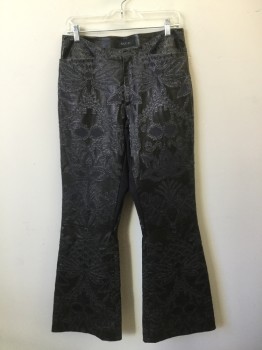 Mens, Leather Pants, GUCCI, Black, Silver, Midnight Blue, Leather, Cotton, Floral, 30/32, 48, Black Leather with Silver/Midnight Floral Embroidery, Boot Cut, Zip Fly, 2 Pockets