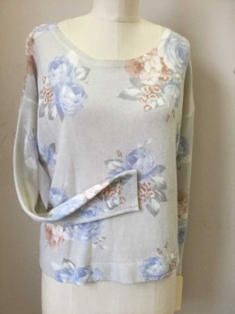 JOIE, Lt Gray, Lt Blue, Lt Brown, White, Cashmere, Floral, Round Neck,  Long Sleeves, Boxy