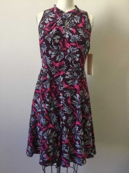 REBECCA TAYLOR, Plum Purple, Hot Pink, Gray, Black, Red, Silk, Polyester, Floral, Plum with Gray/ Black/ Red/ Hot Pink Floral Print, Key Hole, Sleeveless, Open Work Trim Detail