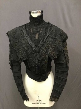 Womens, Historical Fiction Blouse, Black, Silk, Wool, Solid, 24, B32, Original Wool Silk Blend, Crochet High Collar Band And Bib Front, Soutache Ribbon Trimmed At Bodice Upper, Sleeve Upper, Bib Front And Back Center Panel, Tafetta Twist Tie V-neck, Detail With Tassle Trim, Long Sleeves With Horizontal Tuck Pleats, Victorian