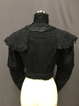 Womens, Historical Fiction Blouse, Black, Silk, Wool, Solid, 24, B32, Original Wool Silk Blend, Crochet High Collar Band And Bib Front, Soutache Ribbon Trimmed At Bodice Upper, Sleeve Upper, Bib Front And Back Center Panel, Tafetta Twist Tie V-neck, Detail With Tassle Trim, Long Sleeves With Horizontal Tuck Pleats, Victorian