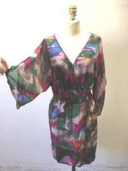 PRESLEY SKYE, Multi-color, Magenta Purple, Green, Gray, Orange, Silk, Polyester, Abstract , Abstract Watercolor Pattern Chiffon, Wide 3/4 Sleeves, Wrapped V-neck with Tiny Snap Closures, Elastic Waist, Faux Wrap Detail at Waist, Hem Above Knee **Barcode Located Behind Front Neckline