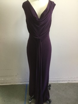 SHUBETTE, Plum Purple, Polyester, Solid, Sleeveless, Draped Neck, Rouching on Sides with Long Pannels