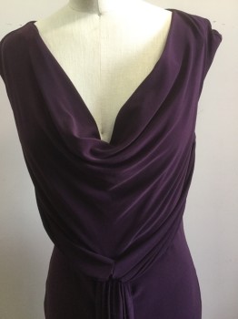 SHUBETTE, Plum Purple, Polyester, Solid, Sleeveless, Draped Neck, Rouching on Sides with Long Pannels