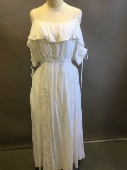 NL, White, Rayon, Cotton, Solid, Floral, Spaghetti Straps with Short Sleeves , Cut Out Shoulders with Ties, Ruffled Bodice, Elastic Waist, Self Floral Embroidery, Long