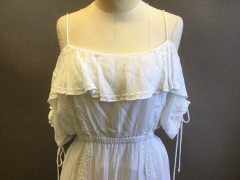 NL, White, Rayon, Cotton, Solid, Floral, Spaghetti Straps with Short Sleeves , Cut Out Shoulders with Ties, Ruffled Bodice, Elastic Waist, Self Floral Embroidery, Long