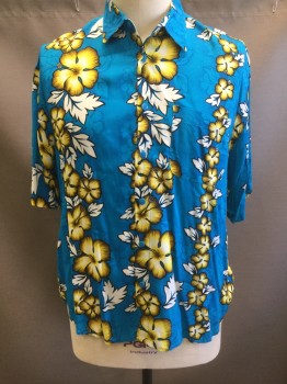 ASIAN CREATIONS, Turquoise Blue, White, Yellow, Ochre Brown-Yellow, Rayon, Hawaiian Print, Floral, Bright Turquoise with White, Yellow and Ochre Hibiscus Flowers Boldly Outlined in Black in Vertical Stripes, Short Sleeve Button Front, Collar Attached, 1 Patch Pocket