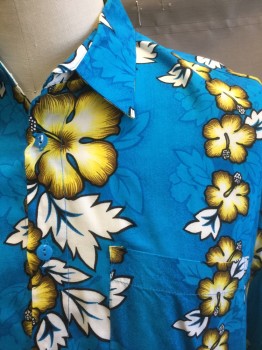 ASIAN CREATIONS, Turquoise Blue, White, Yellow, Ochre Brown-Yellow, Rayon, Hawaiian Print, Floral, Bright Turquoise with White, Yellow and Ochre Hibiscus Flowers Boldly Outlined in Black in Vertical Stripes, Short Sleeve Button Front, Collar Attached, 1 Patch Pocket
