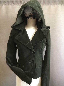 THOERY, Moss Green, Cotton, Solid, Pinwale Corduroy, Button Front, Collar Attached, Full Hood, 2 Button Flap Pocket,