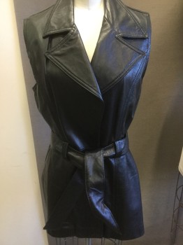 Womens, Leather Vest, LFU, Black, Leather, Solid, M, Notched Lapel, Open Front, Leather Belt, Car Coat Length