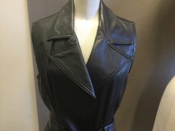 Womens, Leather Vest, LFU, Black, Leather, Solid, M, Notched Lapel, Open Front, Leather Belt, Car Coat Length