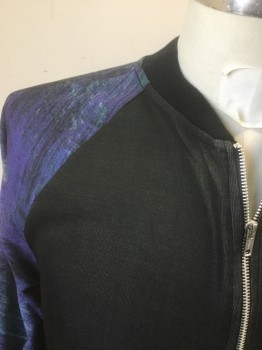 TOPMAN, Black, Purple, Teal Green, Polyester, Color Blocking, Abstract , Zip Front, Knit, 2 Zipper Pockets, Raglan Sleeves,