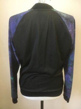 TOPMAN, Black, Purple, Teal Green, Polyester, Color Blocking, Abstract , Zip Front, Knit, 2 Zipper Pockets, Raglan Sleeves,