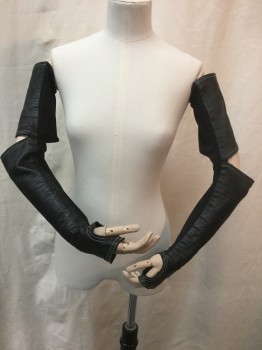 MTO, Black, Faux Leather, Polyester, Solid, Fingerless, Fitted, Aged/Distressed Pleather and Stretch Mesh, Open Elbows for Exciting Action Sequence or Fetish, Knuckles to Armpits, Snaps at Shoulder