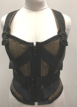 Womens, Sci-Fi/Fantasy Corset, N/L MTO, Brown, Black, Cotton, Nylon, Solid, W:32-4, Heavy Brown Canvas with Black Leather 1" Wide Trim, Black Nylon Straps Throughout, Criss Crossed 2" Wide Straps with Heavy Nylon Webbing, Zip Front, 2 Rows of Laces in Back, Boning Throughout, Steampunk,  **Separate Self BELT: Black Heavy Nylon with Metal Buckle at Front