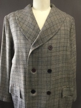 Mens, Coat 1890s-1910s, MTO, Gray, Black, Beige, Blue, Orange, Wool, Plaid - Tattersall, 50 L, Double Breasted, Shawl Collar, Pocket Flap,